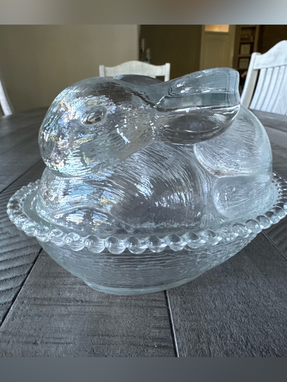 Indiana "Bunny on a Nest" Vintage Iridescent Glass Bunny Covered Candy Dish